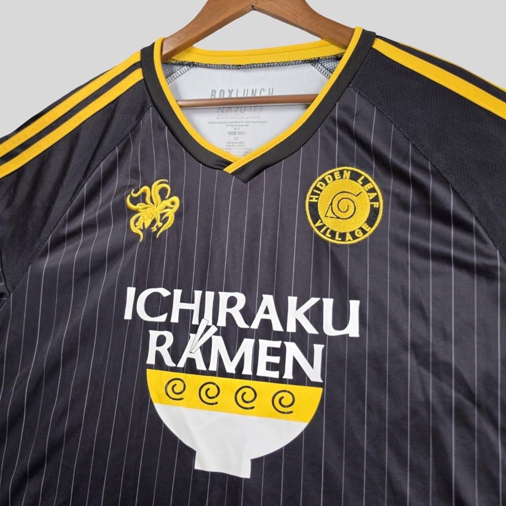 BoxLunch Naruto Ichiraku Ramen Soccer Jersey Men 2XL Black Pinstripe Uzumaki Ani
